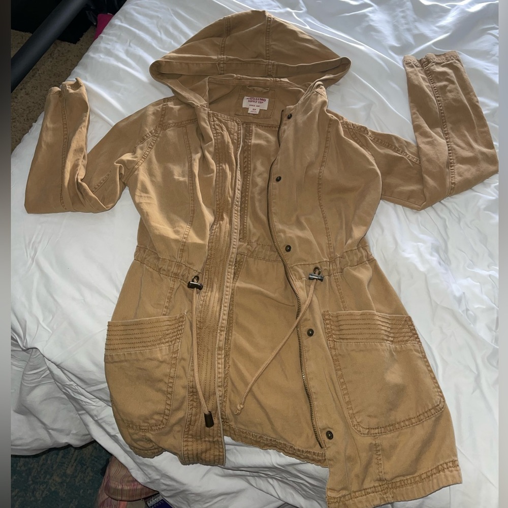 Burnt yellow cinched waist hooded jacket